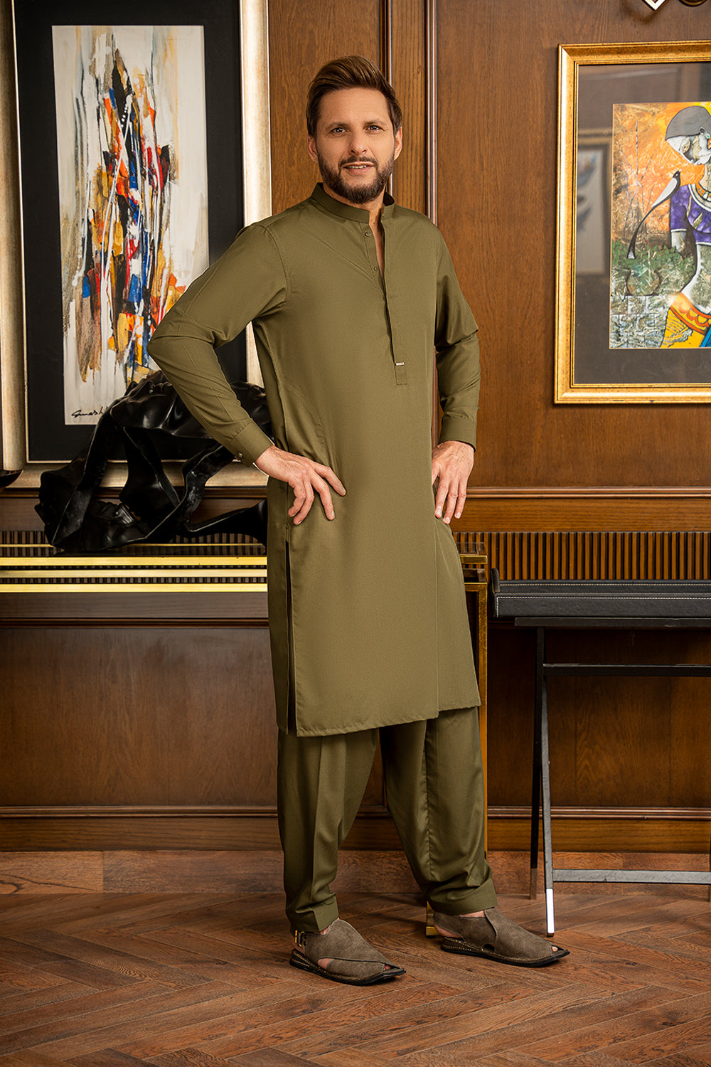 Olive Green Blended Kameez Shalwar