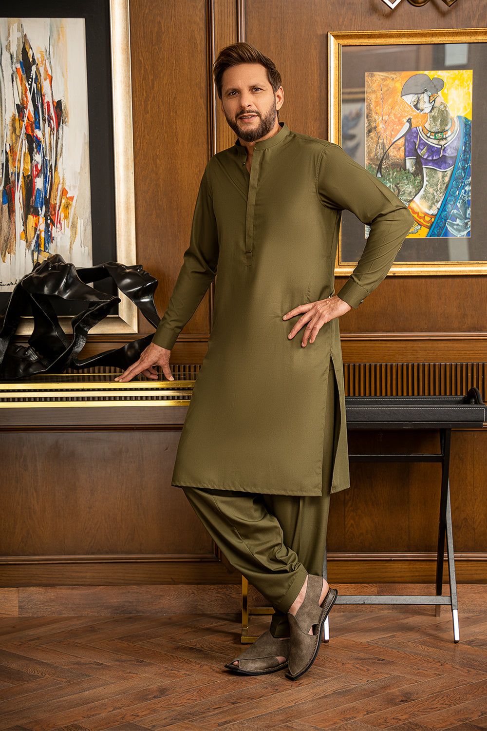 Olive Green Blended Kameez Shalwar