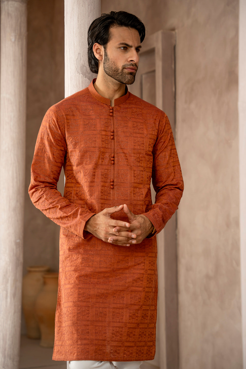 Burnt Orange Schiffli Kurta Pajama