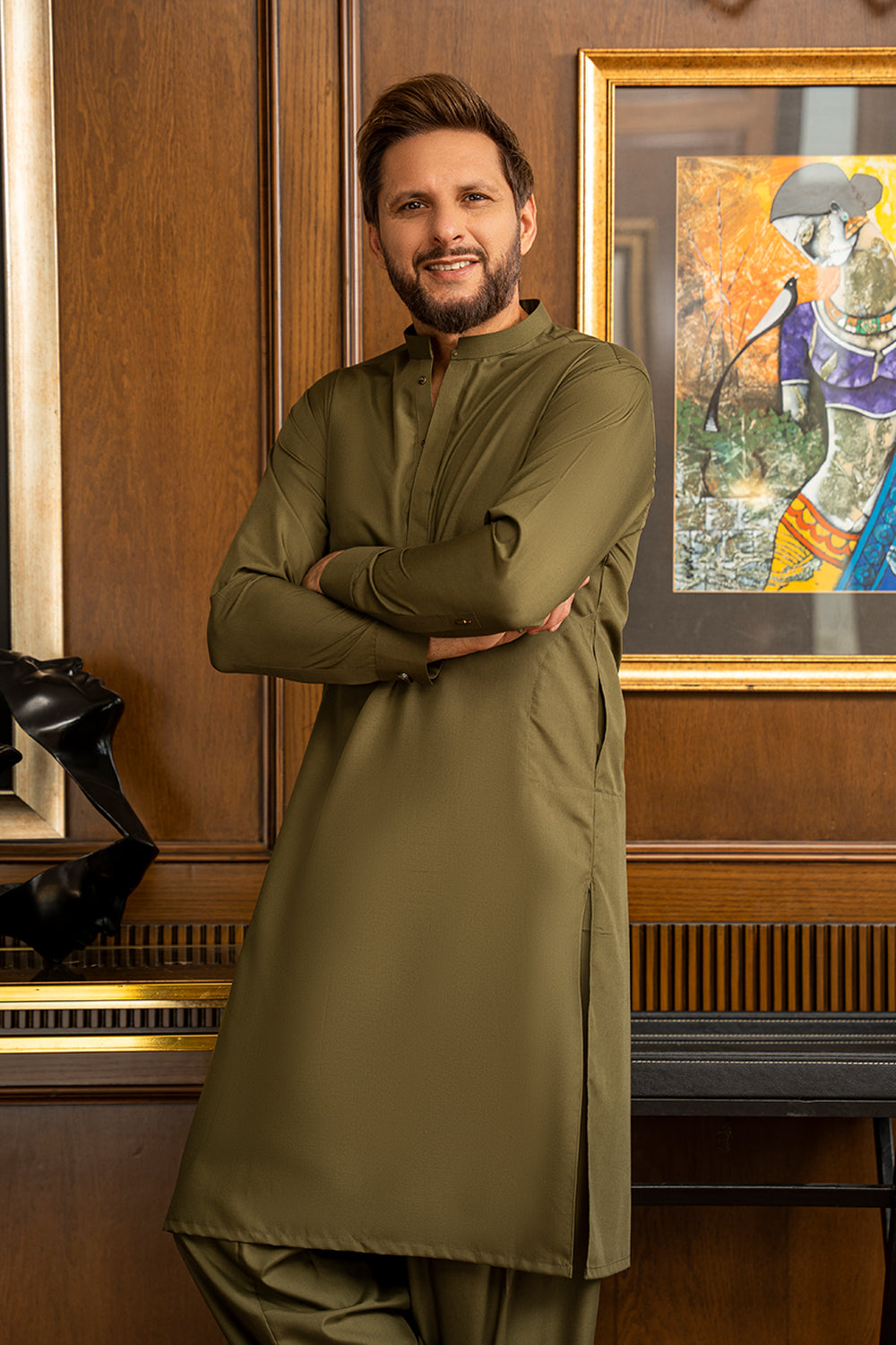 Olive Green Blended Kameez Shalwar