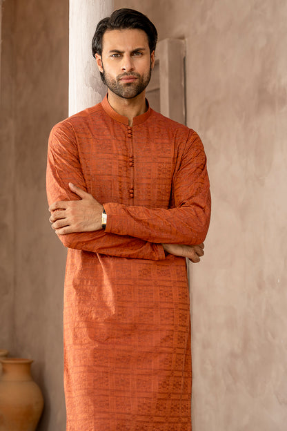 Burnt Orange Schiffli Kurta Pajama