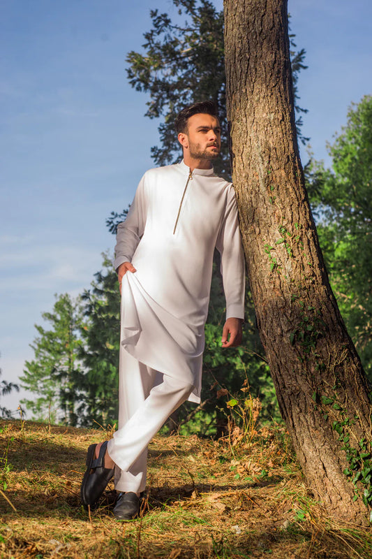 Pure White Kurta Pajama With Zipper
