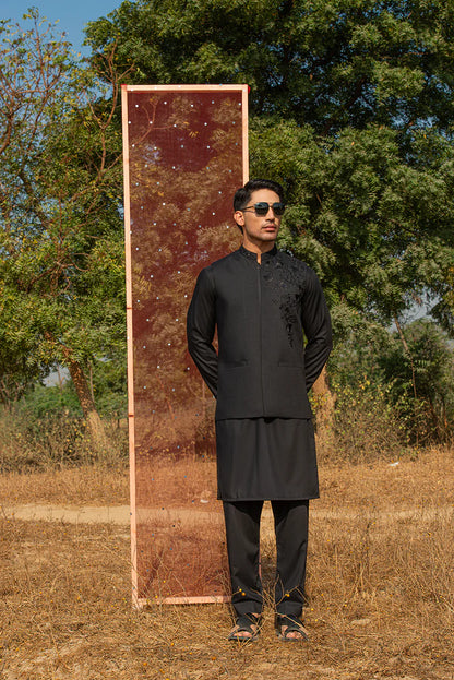 Black Dobby Embroidered Waistcoat