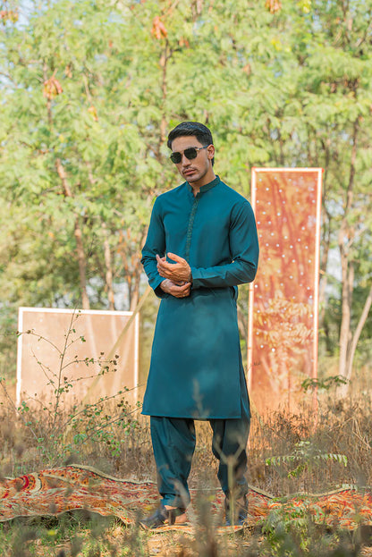 Teal Blue Embroidered Kameez Shalwar